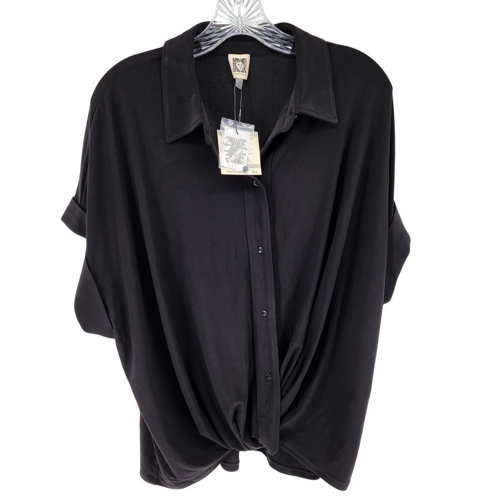 Anne Klein Womens 1X Black Twist Frontโ Short Sleeve Button Down Blouse NEW $79
